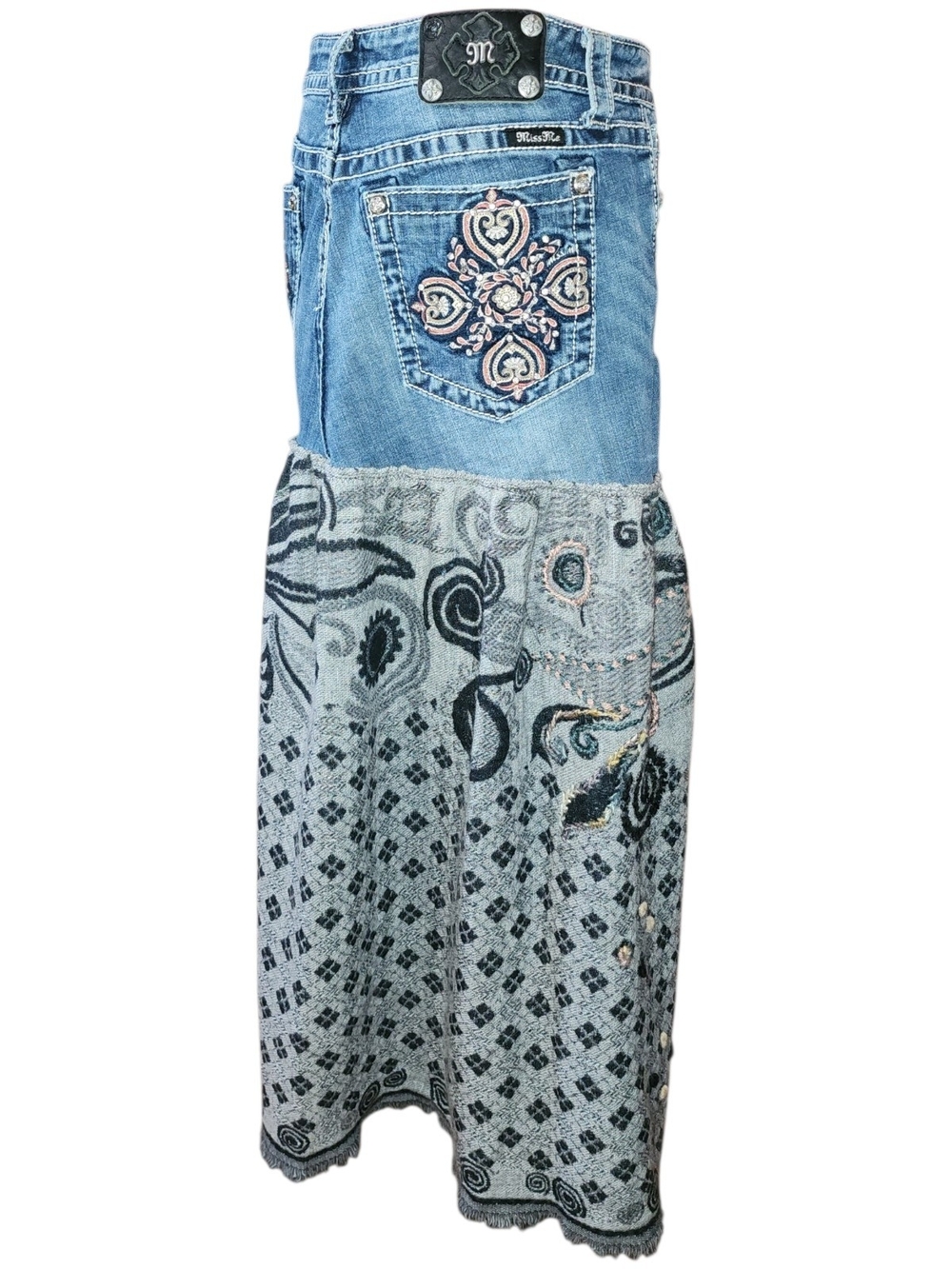 OOAK Upcycle Denim With Paisley Merino/Cotton Blend Scarf Maxi Skirt - Picture 5 of 10